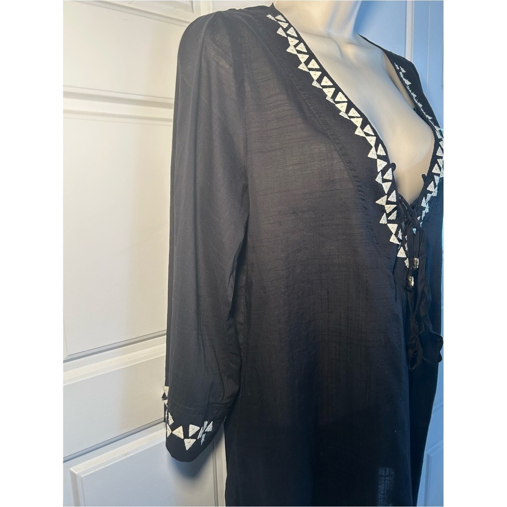 Trina Turk Swim Cover Up Womens M Black Tunic Lace Up V Neck Beaded Beach Resort - Picture 6 of 9